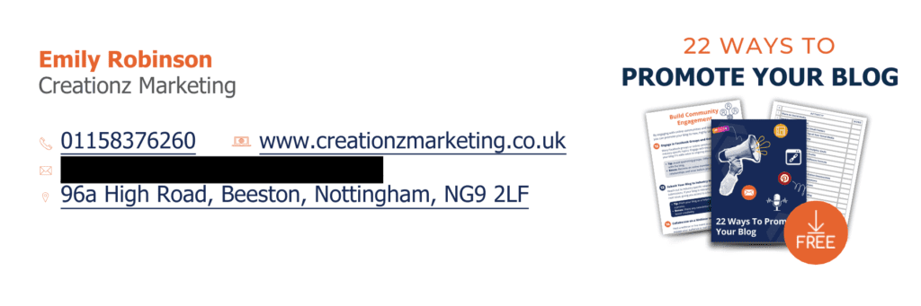 Email Footer example from Creationz Marketing - How to make your email footer work harder for your business- Include a Resource!